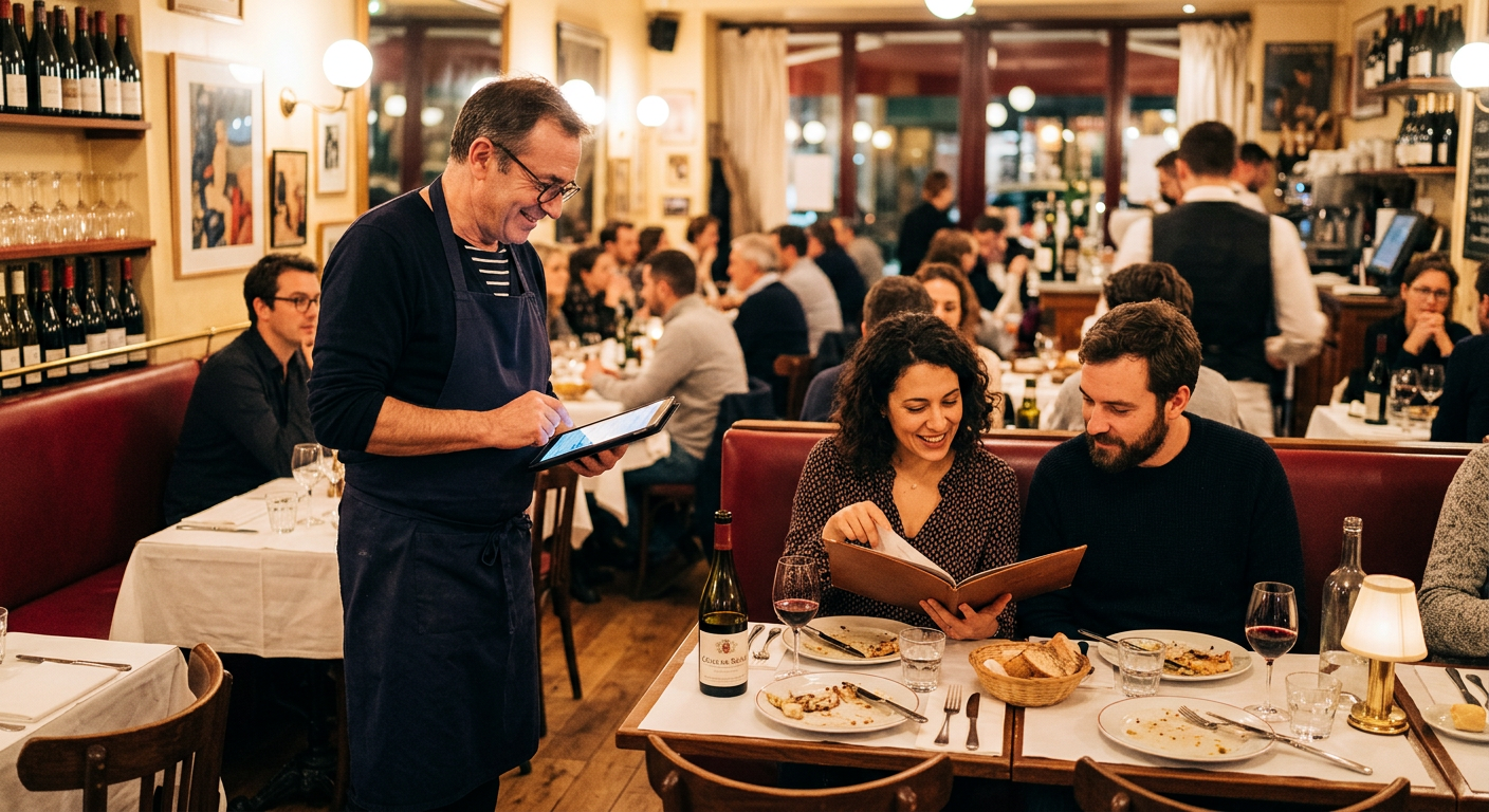 A restaurant owner checks a tablet tableside while guests review the menu