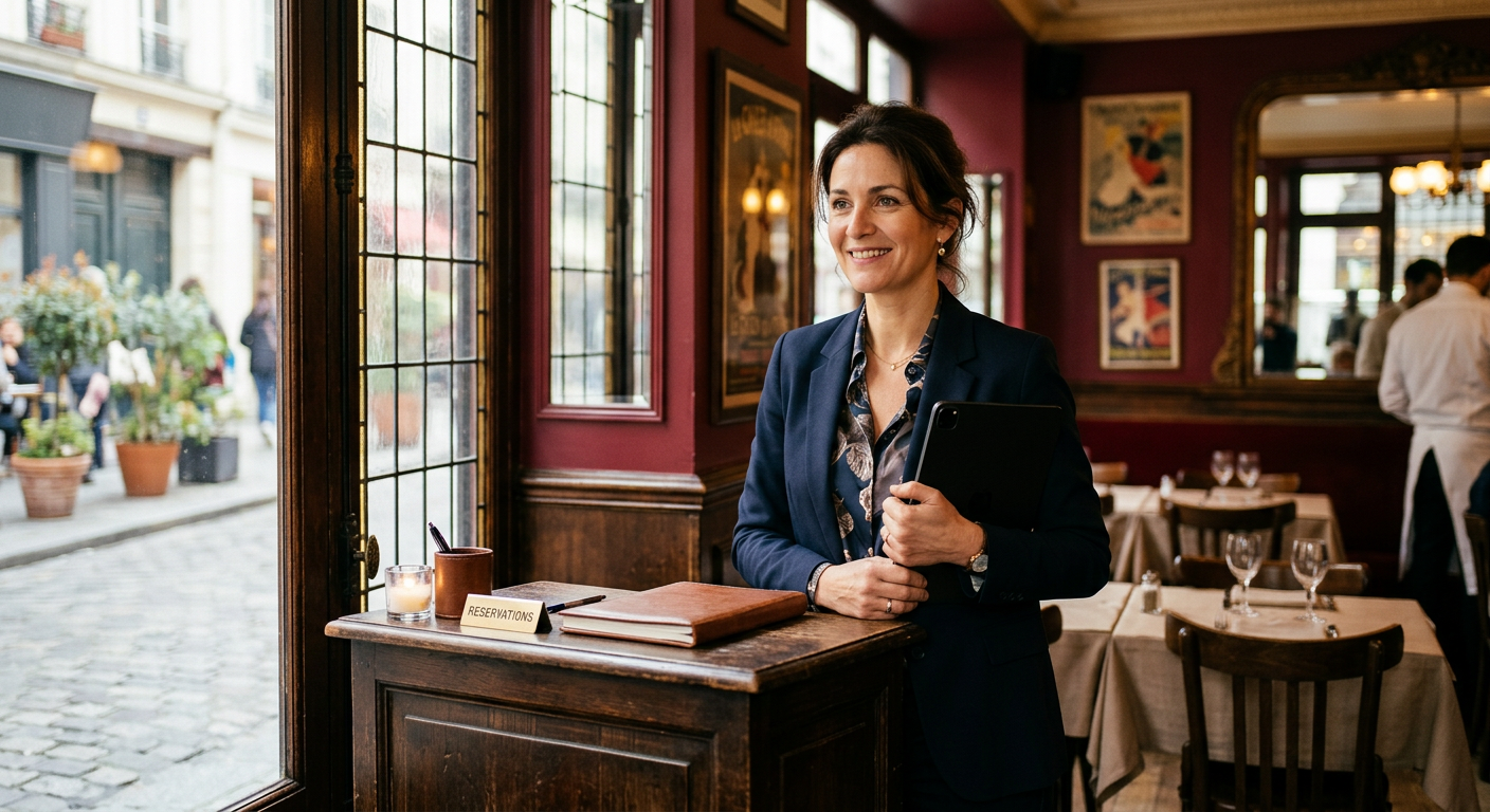A restaurant owner standing at the reservation stand of her bistro